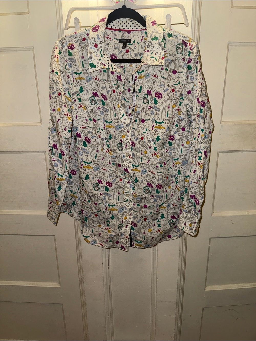 Women's White Patterned Button-Up Shirt with Multicolor Print